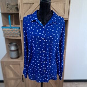 Liz Claiborne Button Down Blouse Blue Dainty Floral Pattern Chiffon Long Sleeve